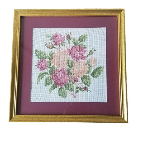 VTG Floral Needlepoint Matted Cross Stitch Pink Roses Gold Frame Flowers 12.5" - Picture 6 of 6